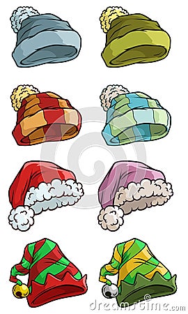 Cartoon winter santa hat big vector icon set Vector Illustration