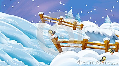 Cartoon winter scene with falling snow Cartoon Illustration