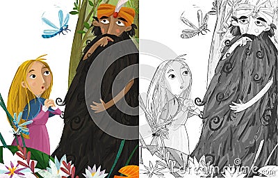 Cartoon wise older man jinn thinking and girl princess Cartoon Illustration