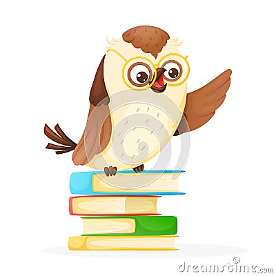 Cartoon wise owl sitting on stack of books, vector back to school isolated illustration Vector Illustration