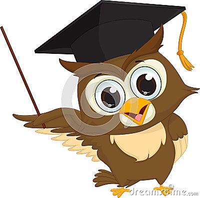 Cartoon wise owl with pointer giving educational presentations Vector Illustration