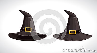 Cartoon witch black hats with golden buckle, above and bottom view. Wizard hat icons. Vector Illustration