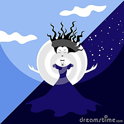 Cartoon witch in blue dress sitting on the ground and meditating on abscract day and night background Vector Illustration