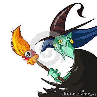 Cartoon witch with broom. Halloween clipart. Vector Illustration