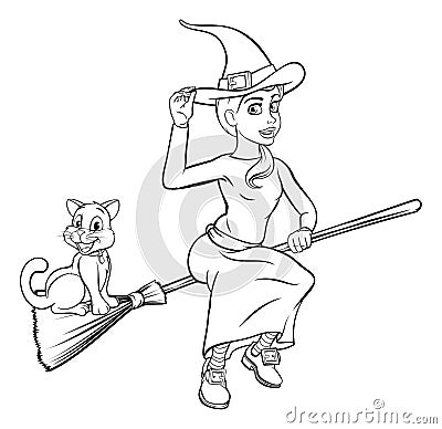 Cartoon Witch and Cat Flying on her Broomstick Vector Illustration