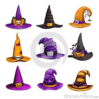 Cartoon witch hats, colorful icons set. Wizard hat collection. Halloween costume element. Vector Illustration