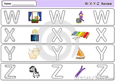 Cartoon witch, window, x-ray boy, xylophone, yak, yacht, zebra a Vector Illustration