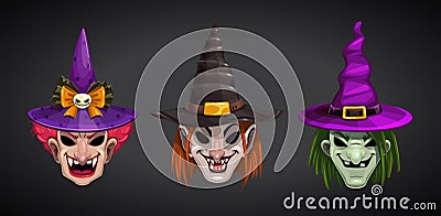 Cartoon witches faces on dark background. Creepy Halloween witch masks set. Vector Illustration