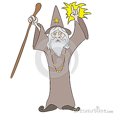 Cartoon Wizard Casting Spell Vector Illustration