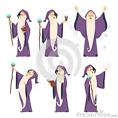 Cartoon wizard character in various poses Vector Illustration