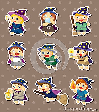 Cartoon Wizard and Witch stickers Vector Illustration