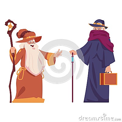 Cartoon wizards. Cute magical characters in robes with magic stick. Men with silver beard and hat. Funny mystery persons Vector Illustration