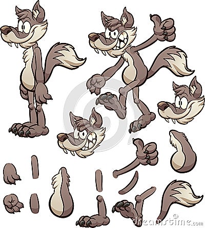 Cartoon wolf or coyote character with different body pats. Vector Illustration