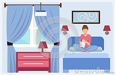 Cartoon Woman in Bed Hotel Apartment Reservation Vector Illustration