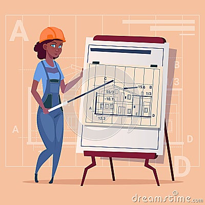 Cartoon Woman Builder Explain Plan Of Building Blueprint Wearing Uniform And Helmet Construction Worker Contractor Vector Illustration