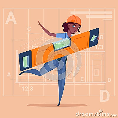 Cartoon Woman Builder Holding Carpenter Level Wearing Uniform And Helmet African American Construction Worker Over Vector Illustration