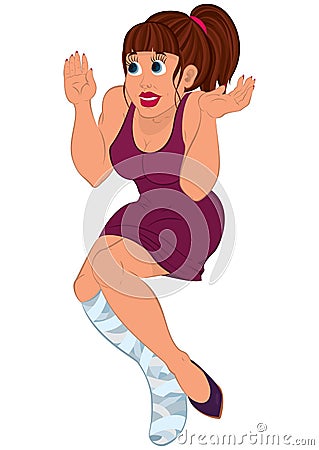 Cartoon woman in burgundy dress with injures leg Stock Photo