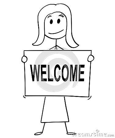 Cartoon of Woman or Businesswoman Holding Sign With Welcome Text Vector Illustration