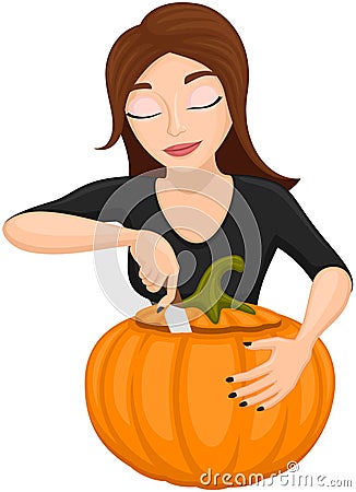 Cartoon Woman Carving Halloween Pumpkin Vector Illustration