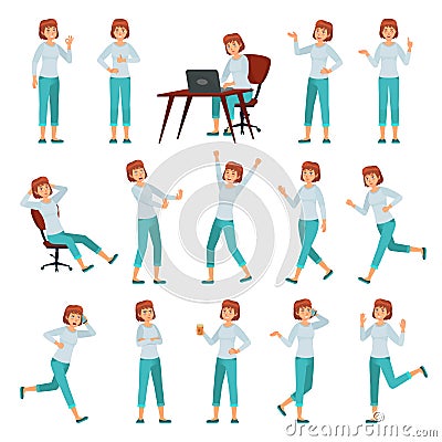 Cartoon woman in casual outfit. Young female character actions poses, walking happy woman and women lifestyle vector illustration Vector Illustration