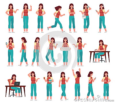 Cartoon woman in casual outfit. Young female character in different poses. Student with various gestures, face Vector Illustration