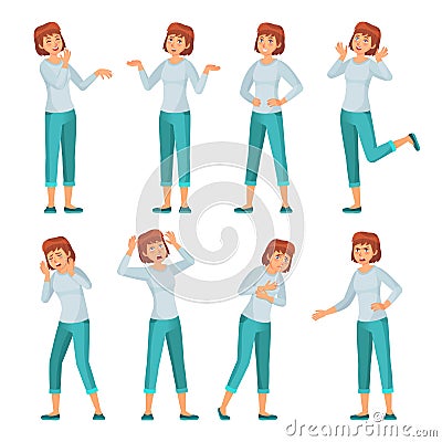 Cartoon woman character emotions. Women facial emotion, young female in casual clothing and smiling happy woman vector Vector Illustration