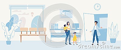 Cartoon Woman with Children Visiting Pediatrician Vector Illustration