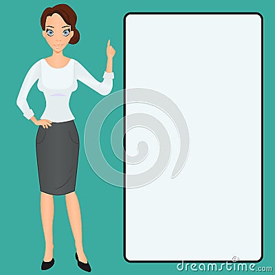 Cartoon Woman clip-art presenting finger raised up Vector Illustration