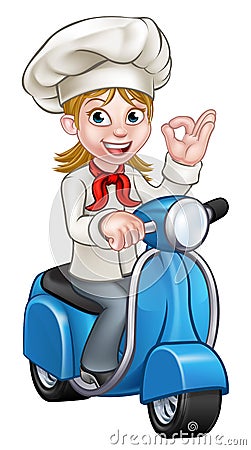 Cartoon Woman Delivery Moped Chef Vector Illustration