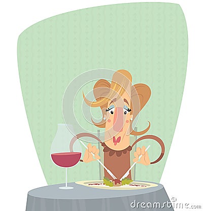 Cartoon woman eating in a gourmet restaurant Vector Illustration