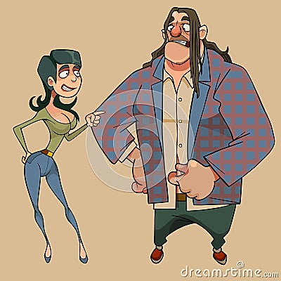 Cartoon woman explains something to surprised man Vector Illustration