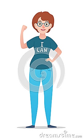 Cartoon woman with glasses in t-shirt with i can lettering. Vector character. Vector Illustration