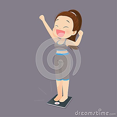 Cartoon woman is happy for loss weight. Vector Illustration