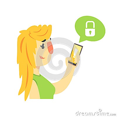 Cartoon woman holding smartphone protected from hacker threats, cybersecurity cartoon vector Illustration Vector Illustration