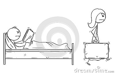 Cartoon of Woman Leaving Home and Husband With Suitcase While Man is Reading Book in Bed Vector Illustration