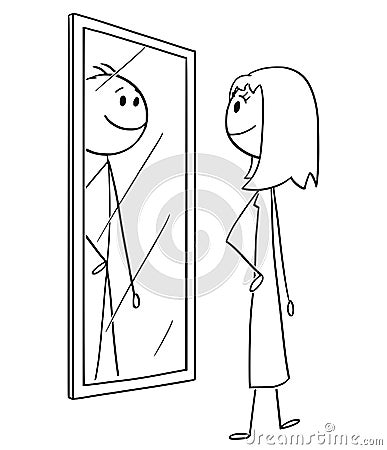 Cartoon of Woman Looking at Herself in the Mirror but Seeing Man Inside Vector Illustration