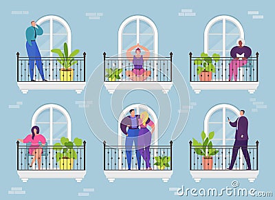 Cartoon woman man in apartment balcony, architecture hotel building vector illustration. Home window to city, house Vector Illustration