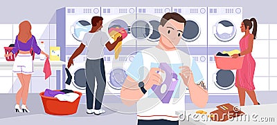 Cartoon woman and man using self service laundromat with automatic washing, drying machines, female and male customers Vector Illustration