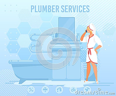 Woman Calling Plumber Service Help Flat Banner Vector Illustration