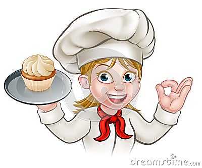 Cartoon Woman Pastry Chef Baker With Cupcake Vector Illustration