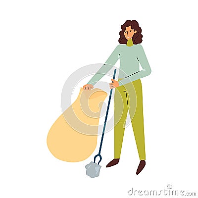 Cartoon woman picking up garbage from street with trash picker tool into plastic bag. Vector Illustration