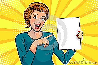 Cartoon woman points to a blank template. Vector illustration in pop art retro comic style Vector Illustration