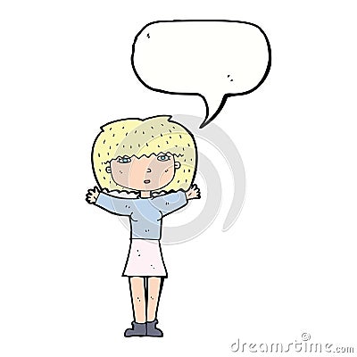 cartoon woman raising arms in air with speech bubble Stock Photo
