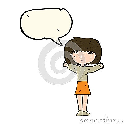 cartoon woman raising arms in air with speech bubble Stock Photo