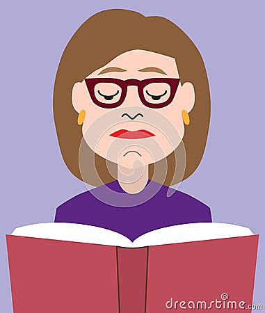 Serious Cartoon Woman Reading Book Vector Illustration