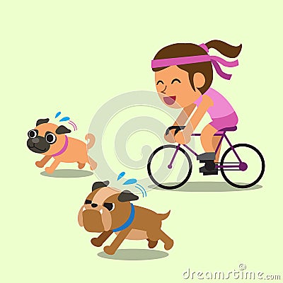 Cartoon woman ride bike with running dogs Vector Illustration