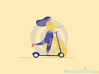 Cartoon Woman Riding Scooter Holding Mobile Phone Banner Vector Illustration. Girl with Smartphone on Vehicle. Online Vector Illustration