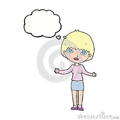 cartoon woman shrugging with thought bubble Stock Photo