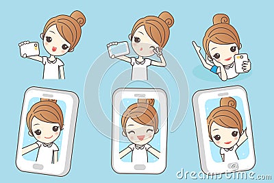 Cartoon woman smile take selfie Vector Illustration