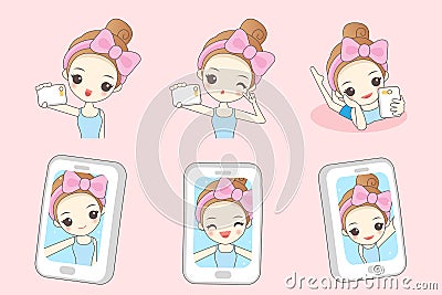 Cartoon woman smile take selfie Vector Illustration